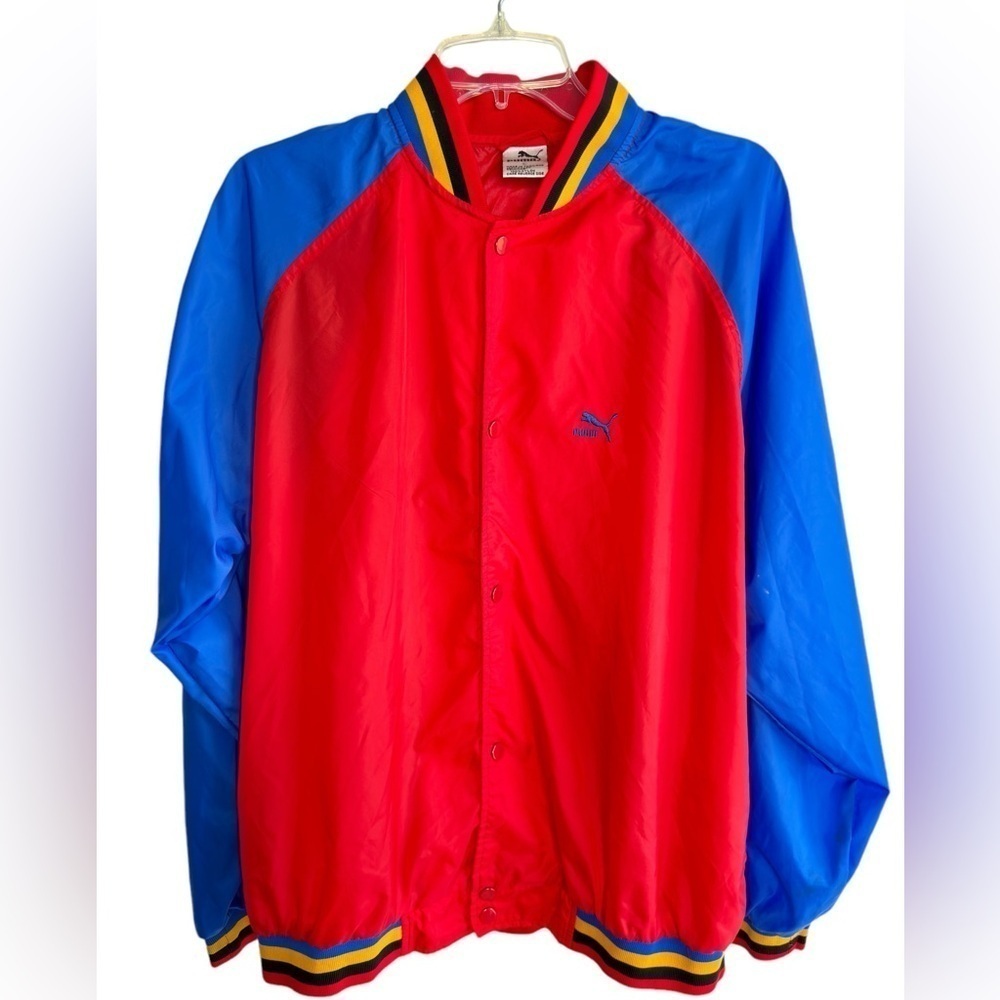 Vintage Puma Mens Large Wind Breaker Track Jacket Snap Button Red Blue Black